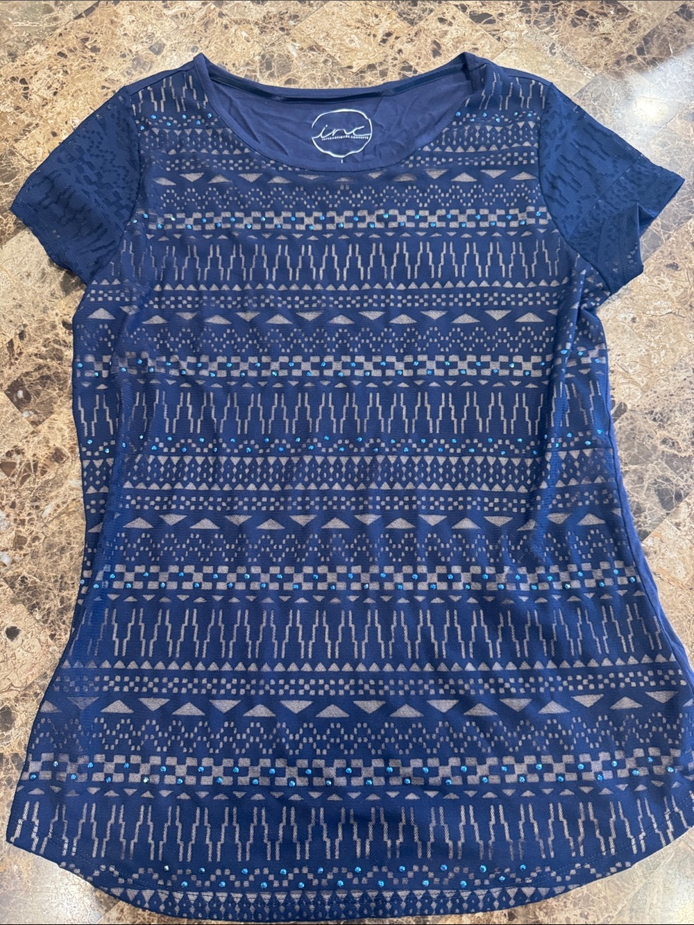INC International Concepts Navy Short-Sleeve Geometric Lace Top